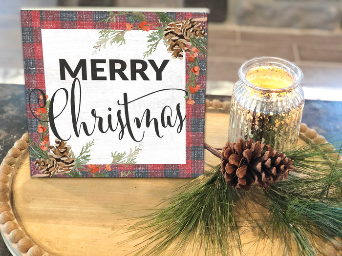 10x10 Merry Christmas Red Plaid Pinecones Sign