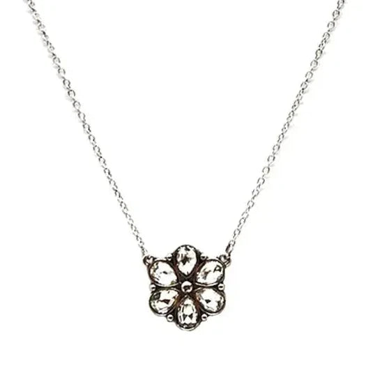 16" Western Crystal Flower Silver Necklace