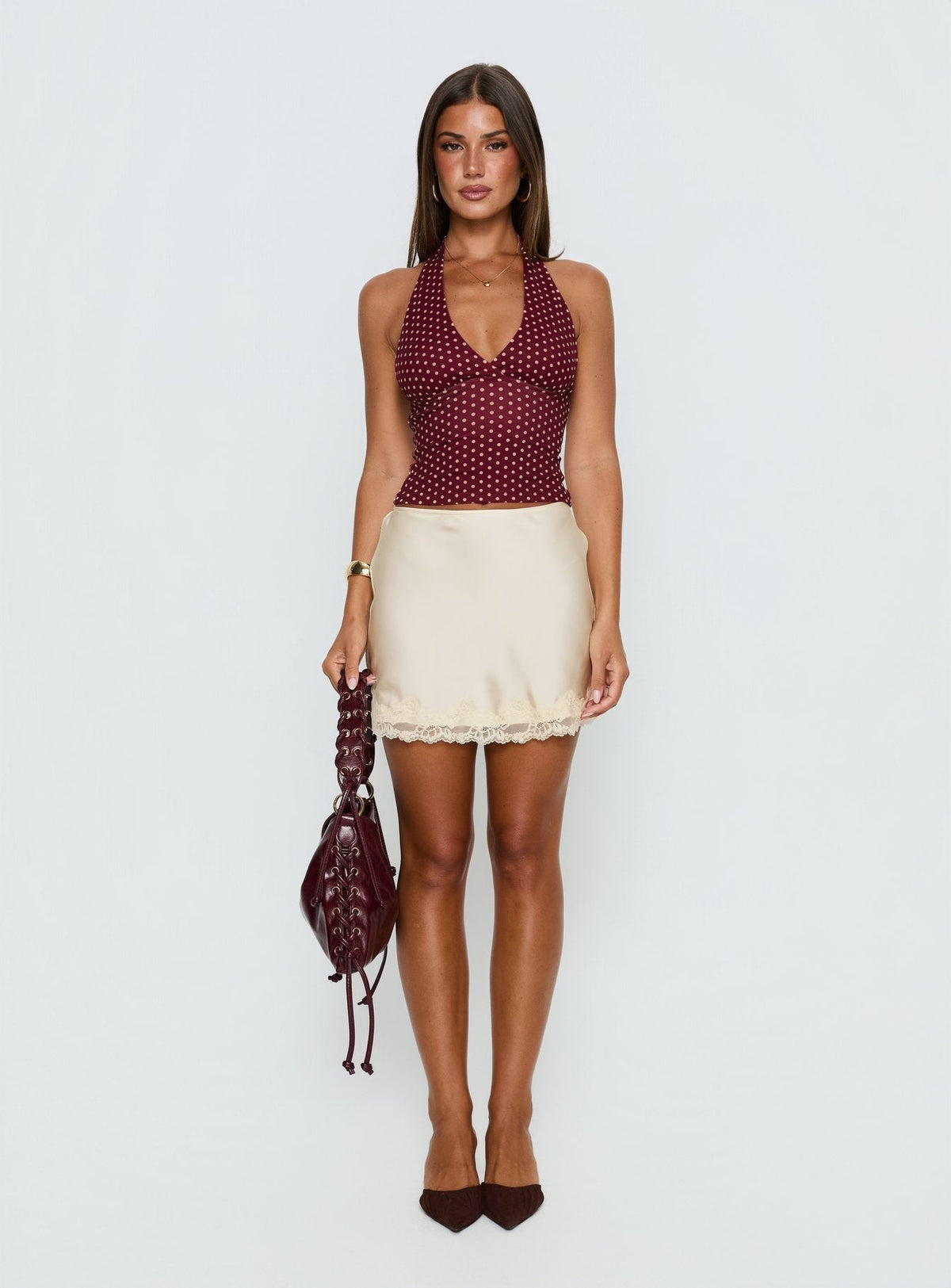 Whimsy Halter Top Burgundy / Lemon Polka