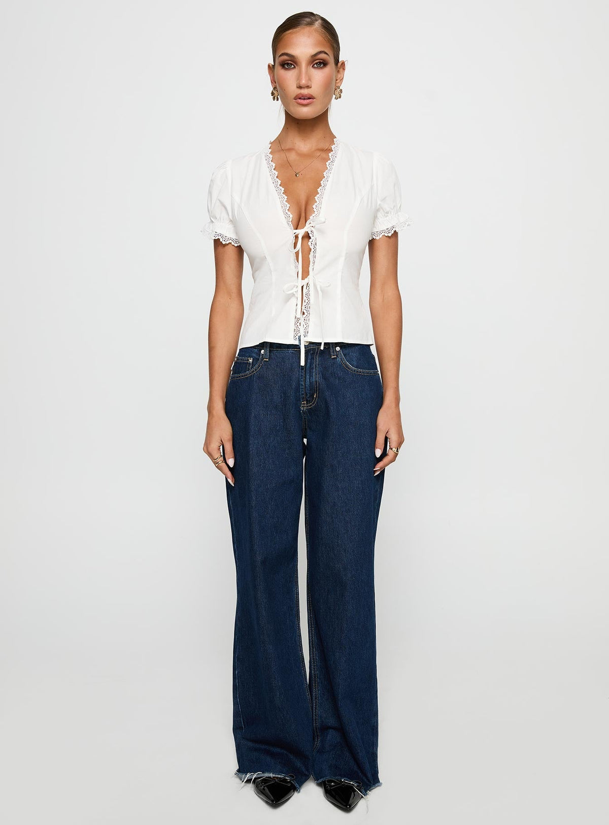 Abundance Tie Up Lace Trim Top White