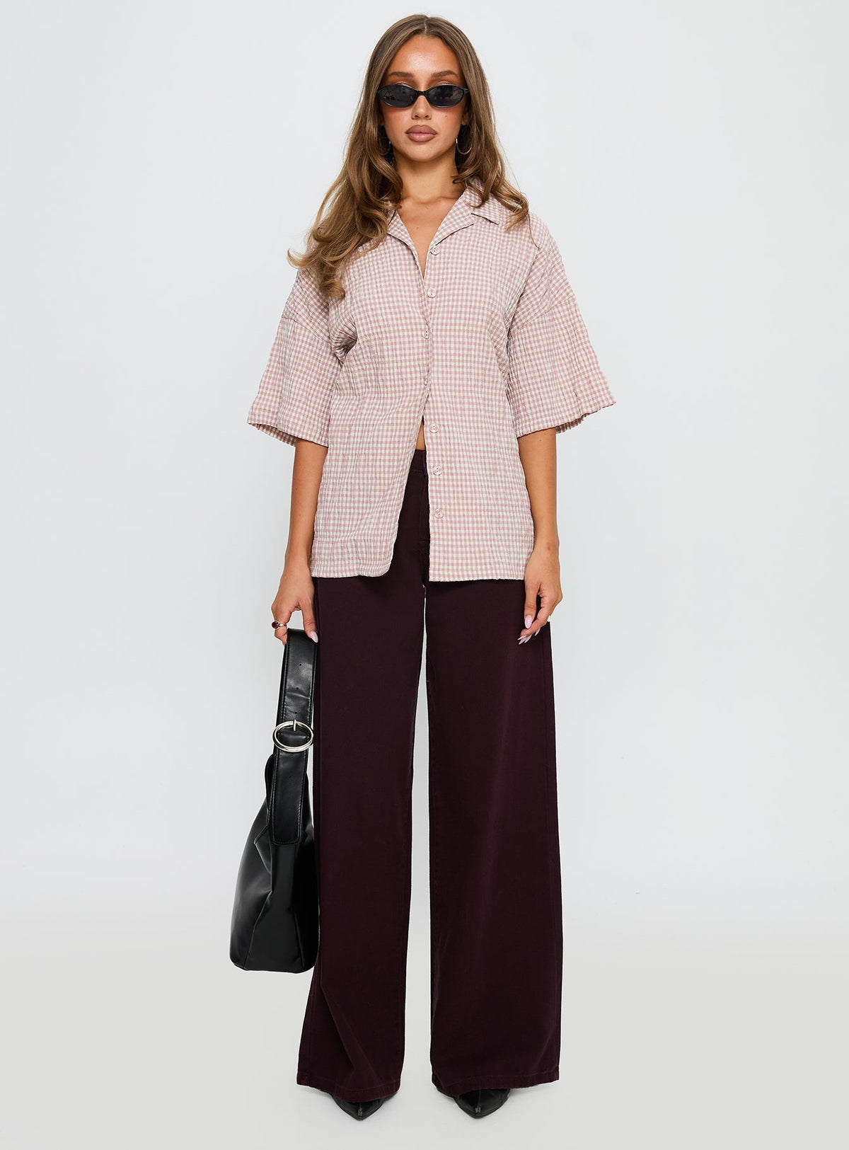 Soft Side Oversized Button Up Top Pink Check