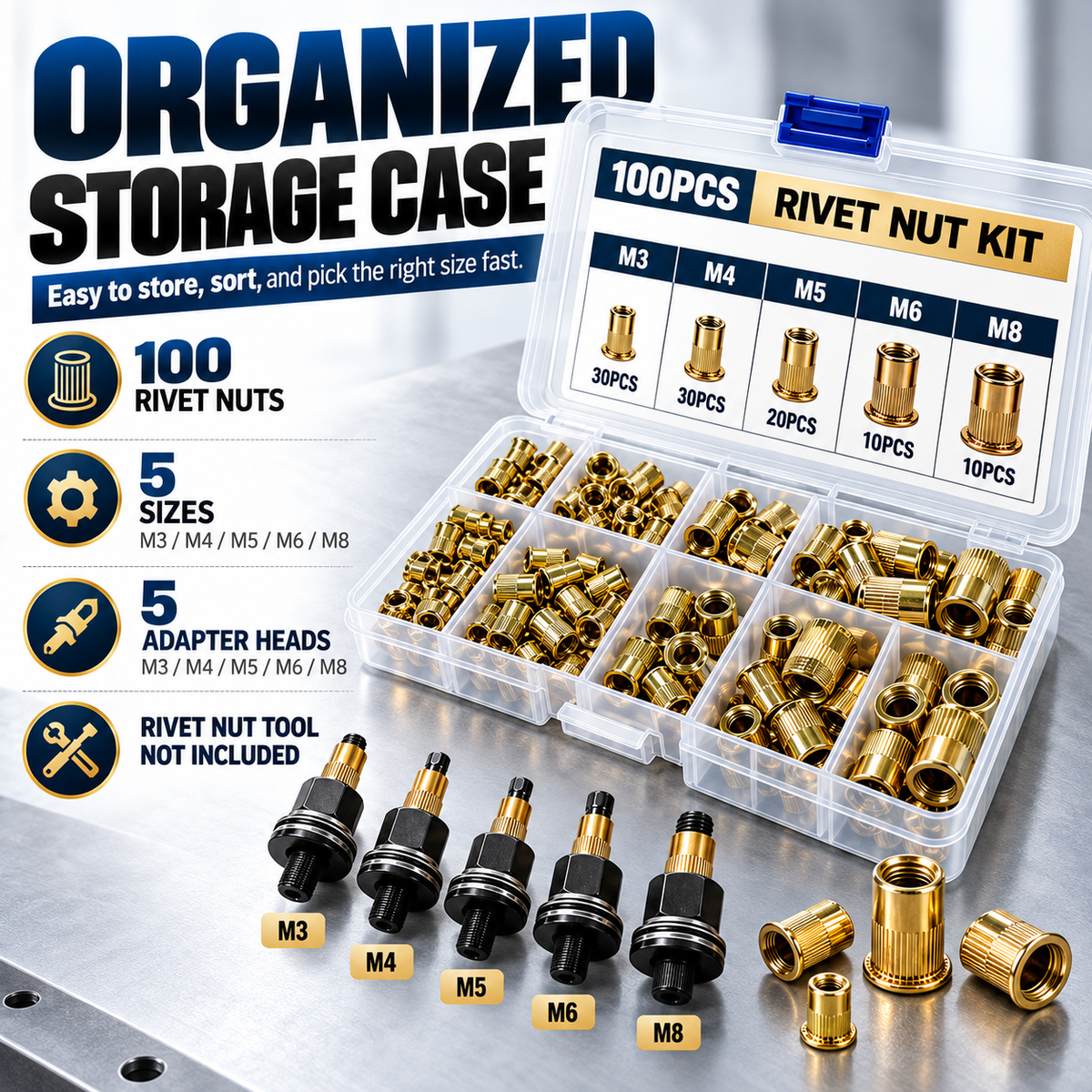 100PCS M3-M8 Rivet Nut Tool Kit – Carbon Steel Threaded Insert Set for Metal Repair & DIY Projects