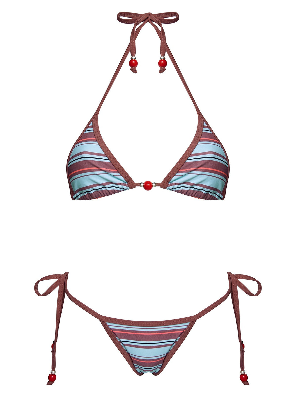 Mikaya Beaded Triangle Bikini Top Blue / Brown Stripe