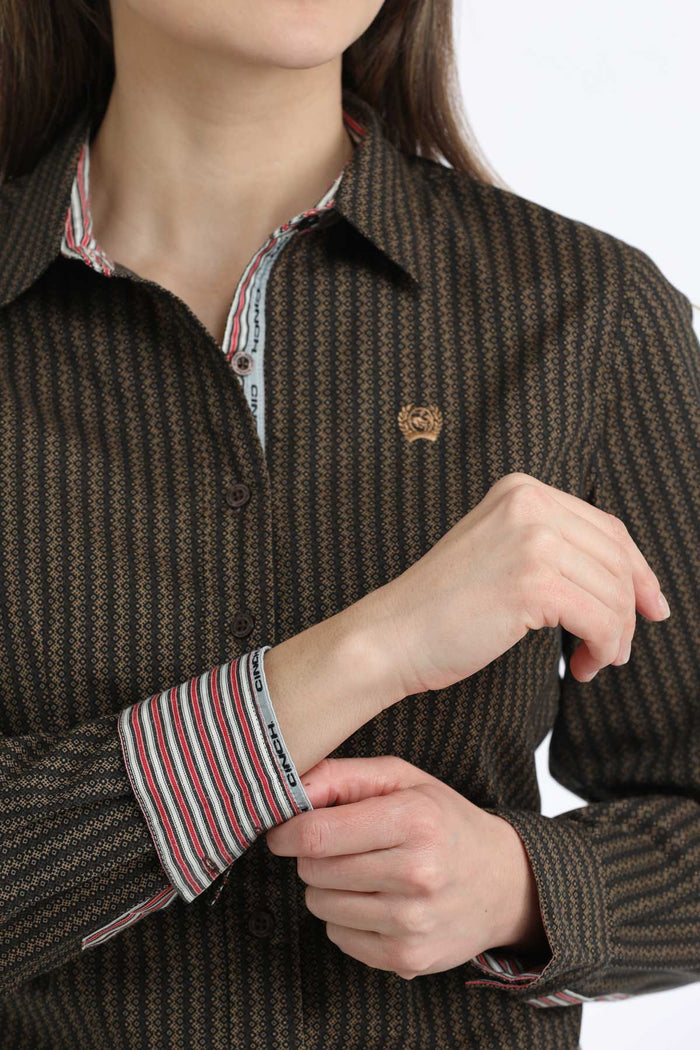 Cinch Women's L/S Striped Print Western Button Down Shirt in Brown