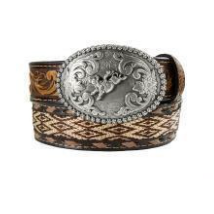 Nocona Boy's Diamond Embroidered Brown Belt with Bull Rider Buckle