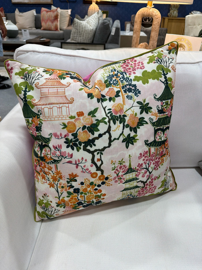 PILLOW ASIAN INSPIRED PAGODA AND FLORAL MOTIF DUCK FEATHERS