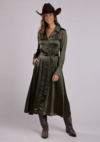 Stetson Women's L/S Satin Maxi Dress in Olive
