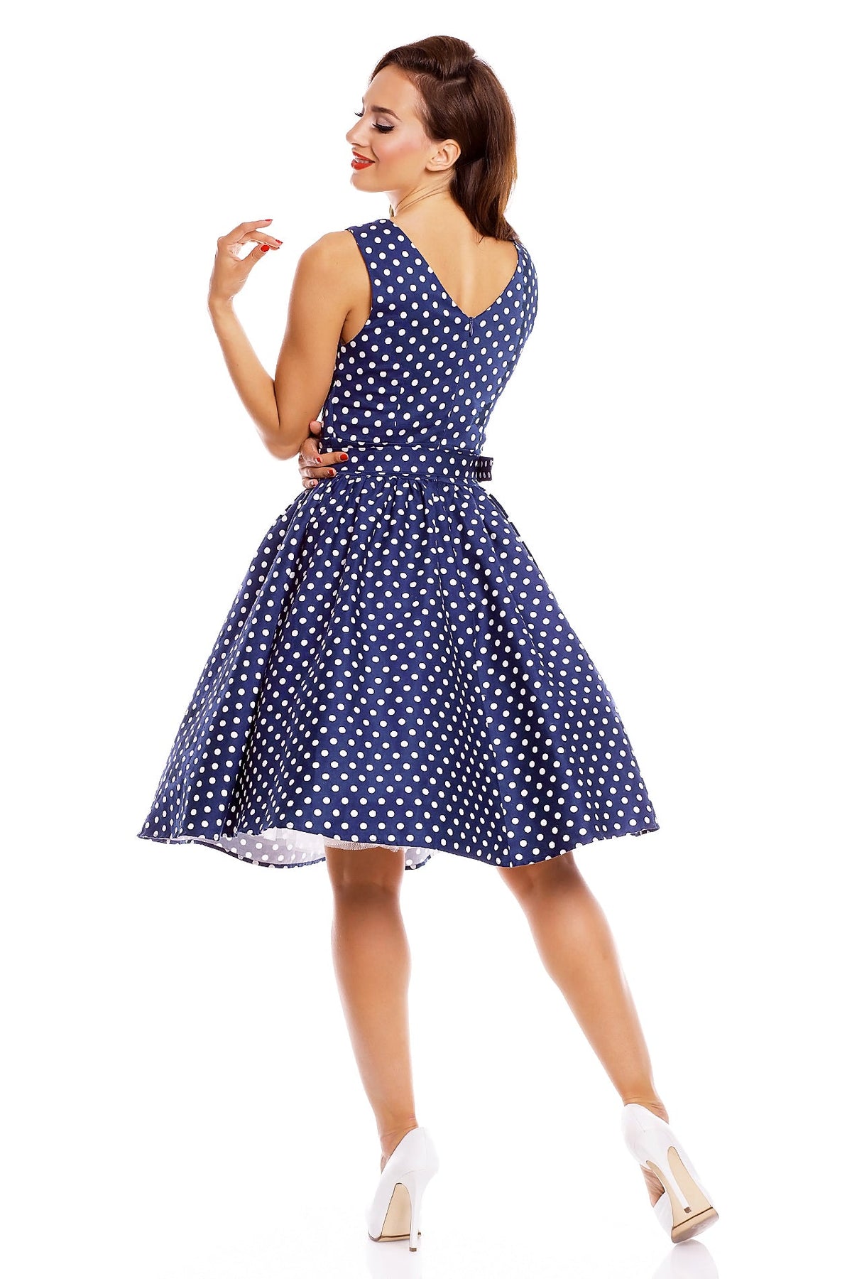 May Stylish Inspired Swing Dress in Dark Blue Polka Dots