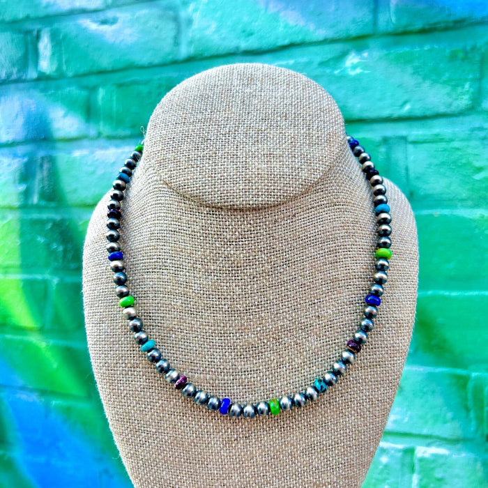 Thunder & Stone 16" Green, Blue, & Purple Mixed Stone & Sterling Silver Pearl Necklace