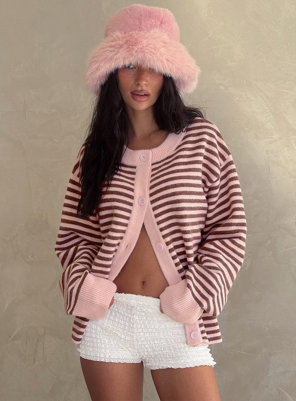 Darnelle Button Up Knit Cardigan Pink Stripe