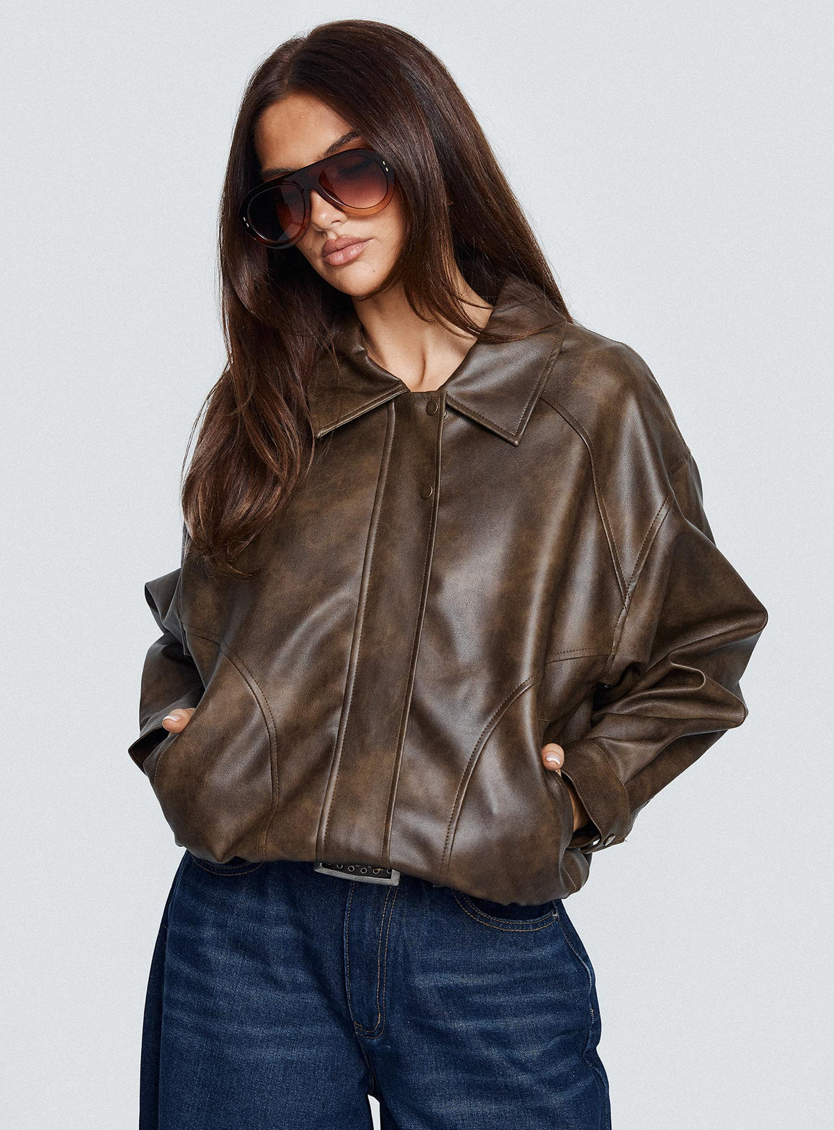 Mixtape Faux Leather Collared Jacket Brown