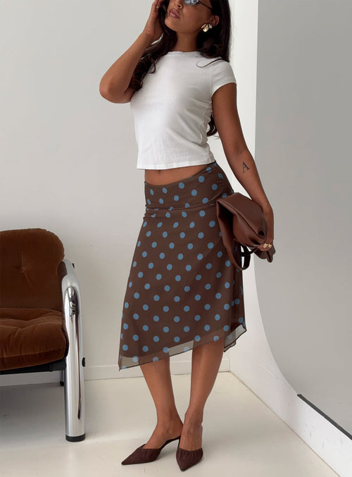 Daphene Asymmetrical Midi Skirt Brown / Blue Polka Dot