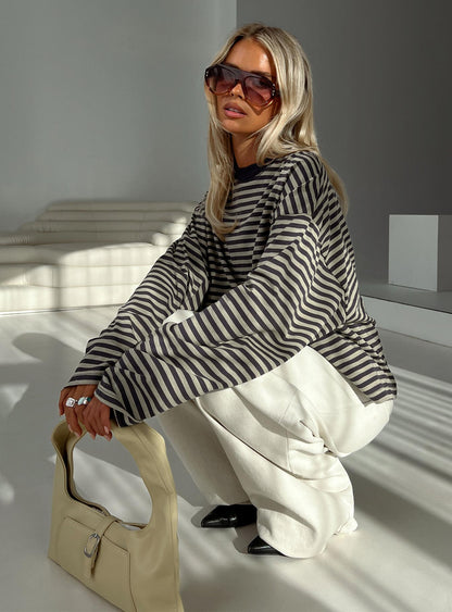 Bloom Long Sleeve Top Beige Stripe