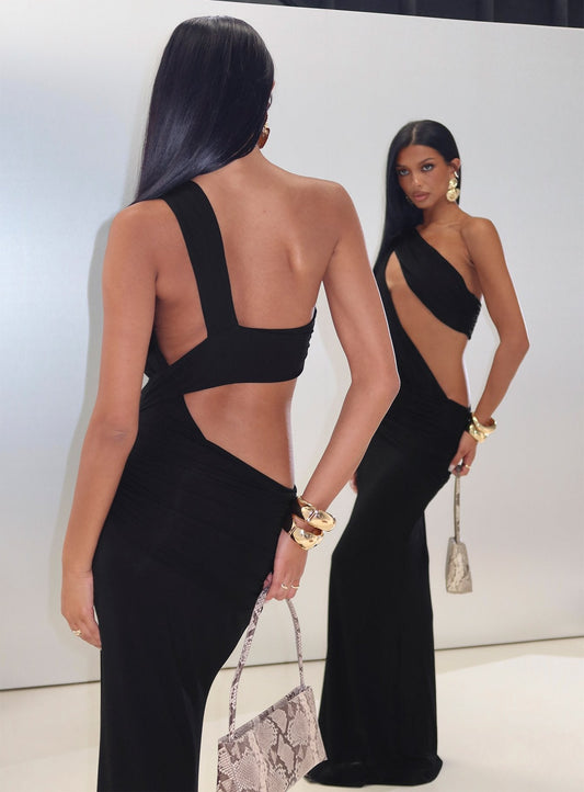 Loletta Draped One Shoulder Maxi Dress Black