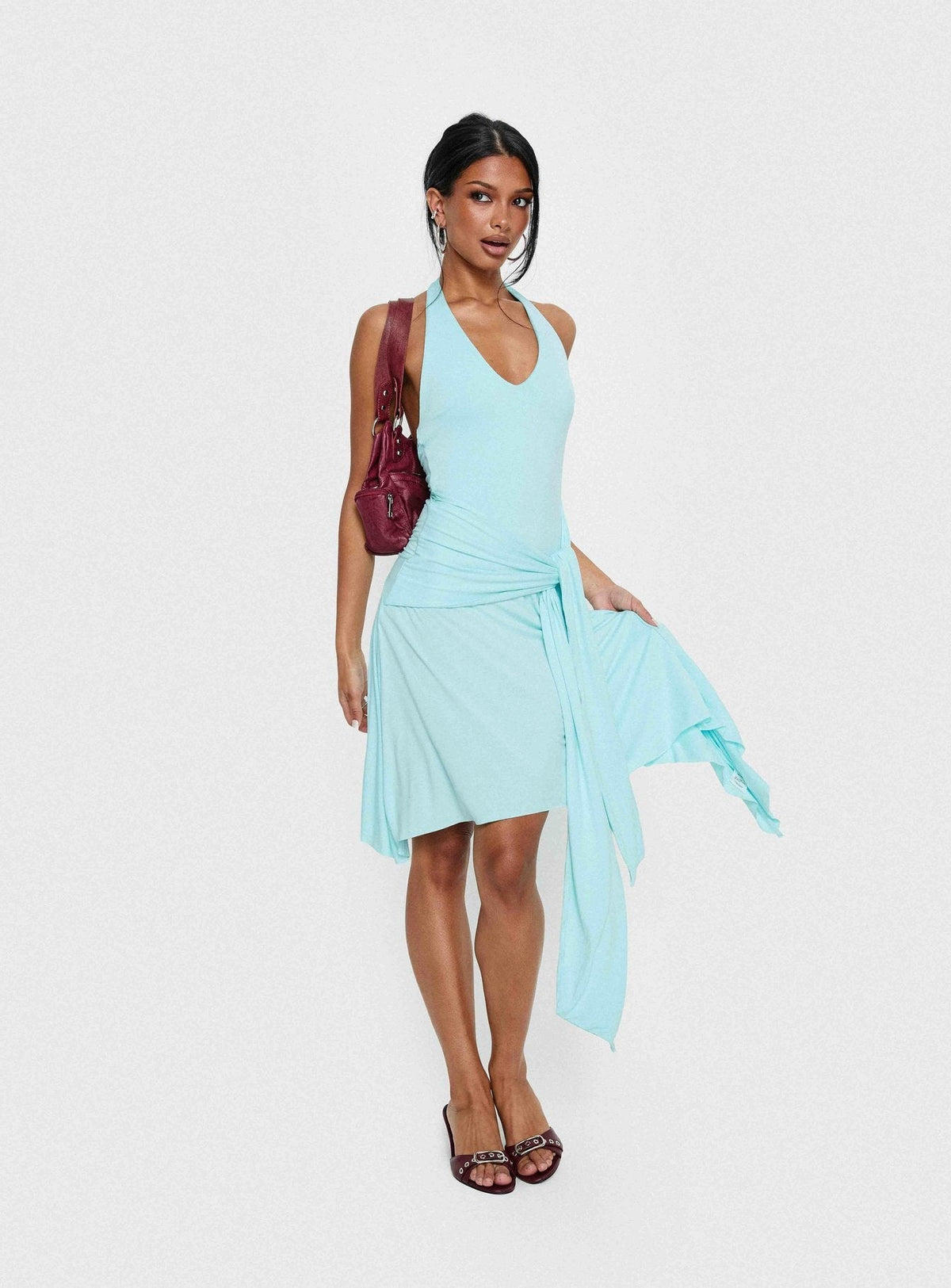 Moonlit Honey Asymmetrical Halter Jersey Midi Dress Turquoise