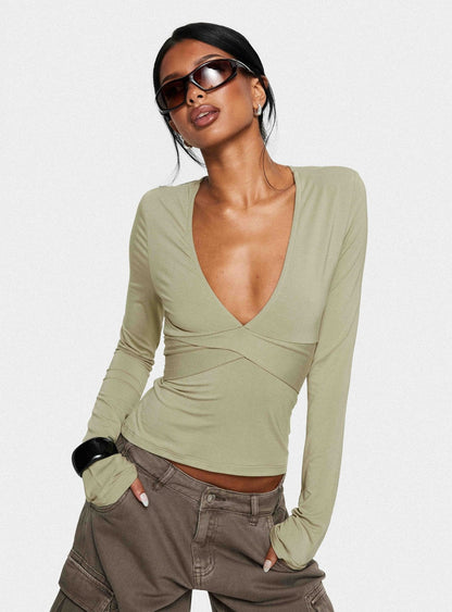Madelon Long Sleeve Wrap Top Sage