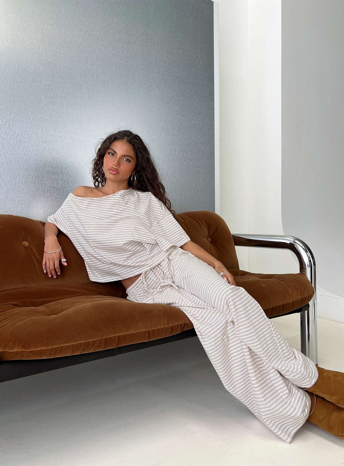 Tobie Off Shoulder Sleep Set Beige Stripe