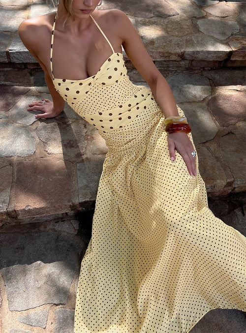 Marguerite Halter Maxi Dress Lemon / Brown Polka Dot