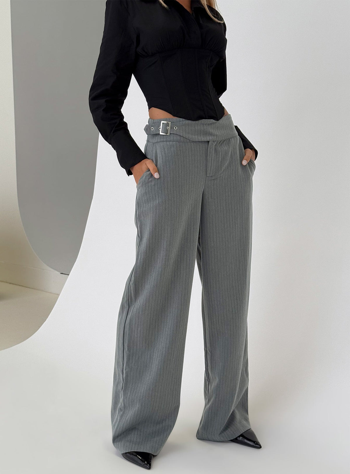 Jinny Relaxed Buckle Tailored Pants Grey Pinstripe