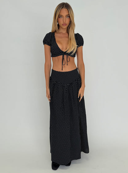 Alletta Drop Waist Maxi Skirt Black Polka