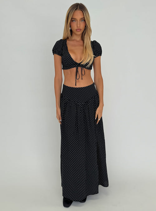Alletta Drop Waist Maxi Skirt Black Polka