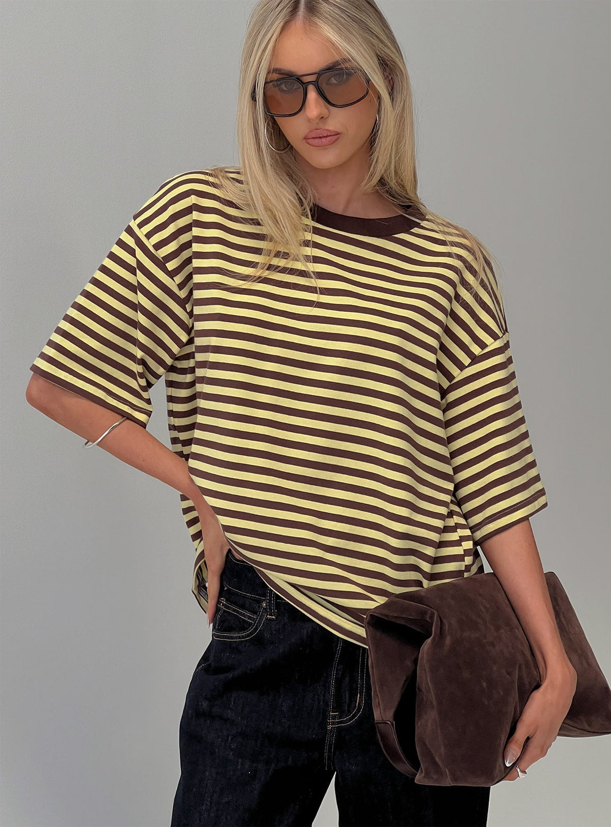 Settle Down Short Sleeve Top Yellow / Brown Stripe