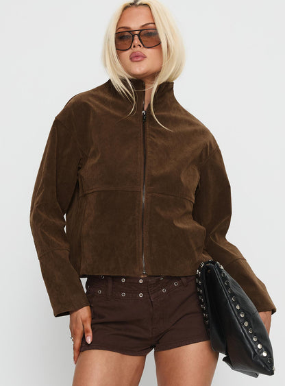 Jessalynn Faux Suede Zip Through Jacket Brown