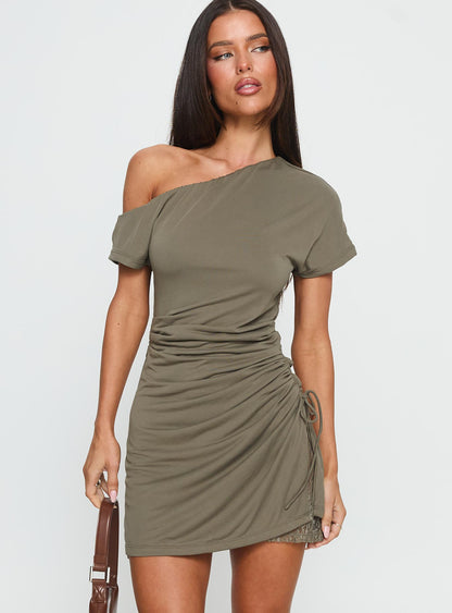 Pavlina Off Shoulder Lace Ruched Mini Dress Green