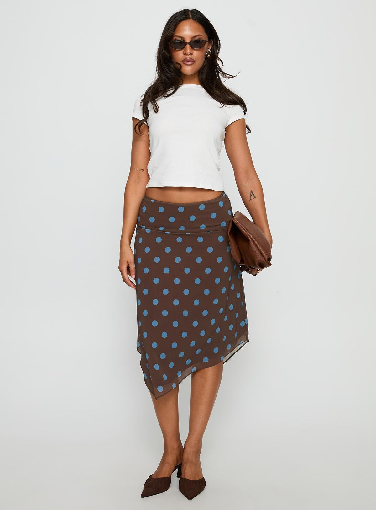 Daphene Asymmetrical Midi Skirt Brown / Blue Polka Dot