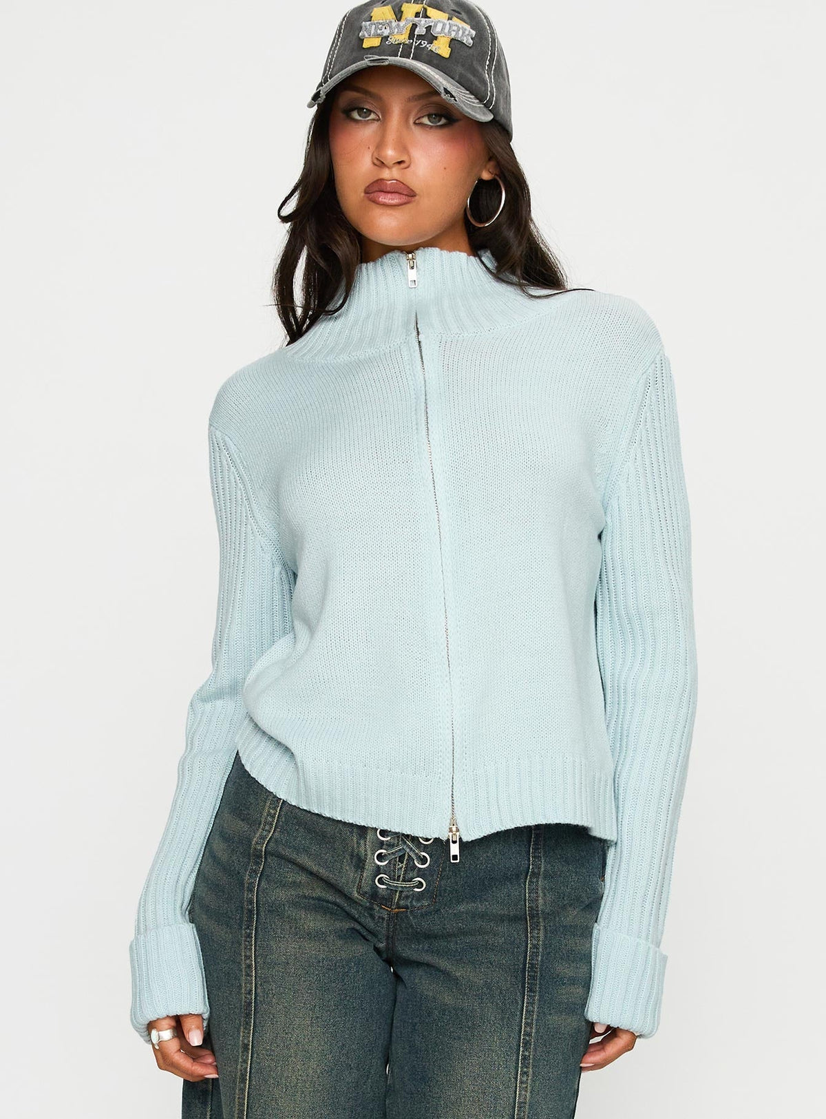 Show Off Zip Through Knit Sweater Blue