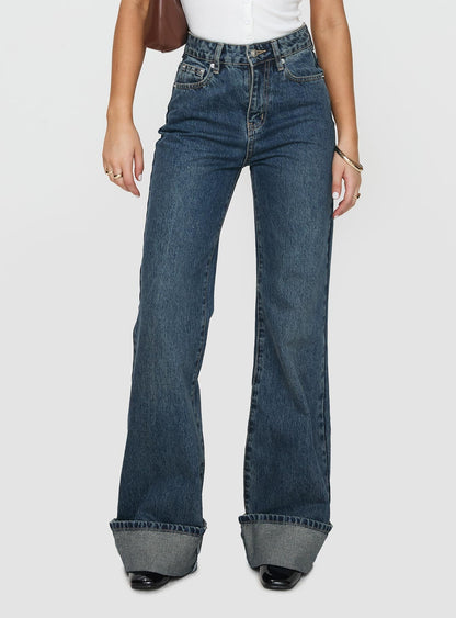 Florida Keys Mid Rise Straight Leg Cuffed Jeans Mid Blue