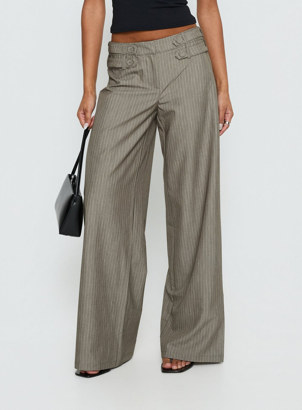 Jette Tailored Buckle Pant Taupe Pinstripe