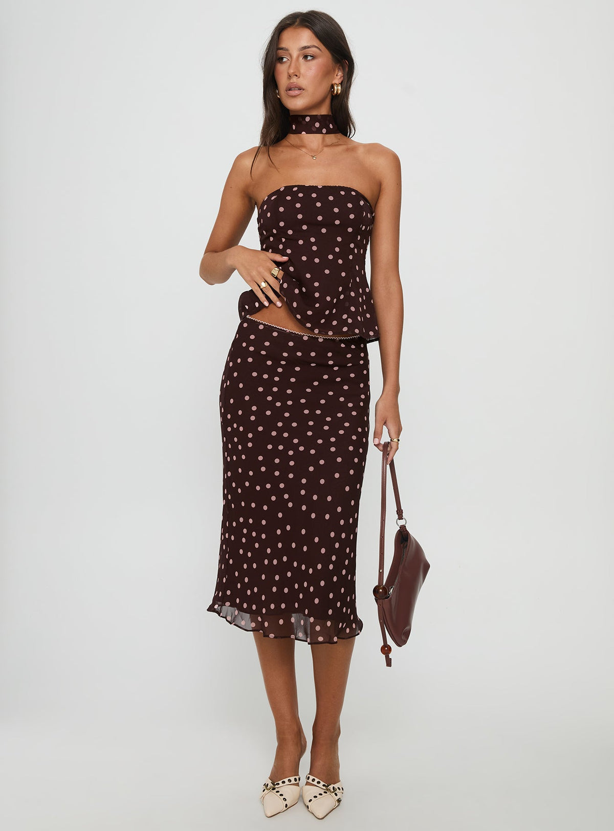 Sydni Midi Bias Cut Skirt Chocolate / Pink Polka