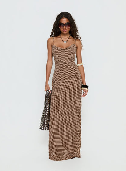 Aliah Cowl Neck Maxi Dress Brown Polka Dot