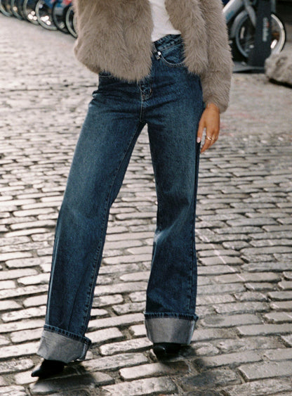 Florida Keys Mid Rise Straight Leg Cuffed Jeans Mid Blue
