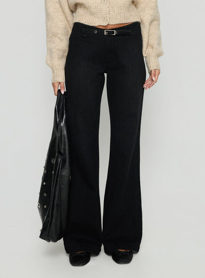 Slow Ride Mid Rise Bootleg Belted Jeans Washed Black