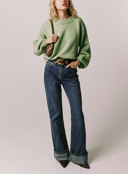Florida Keys Mid Rise Straight Leg Cuffed Jeans Mid Blue