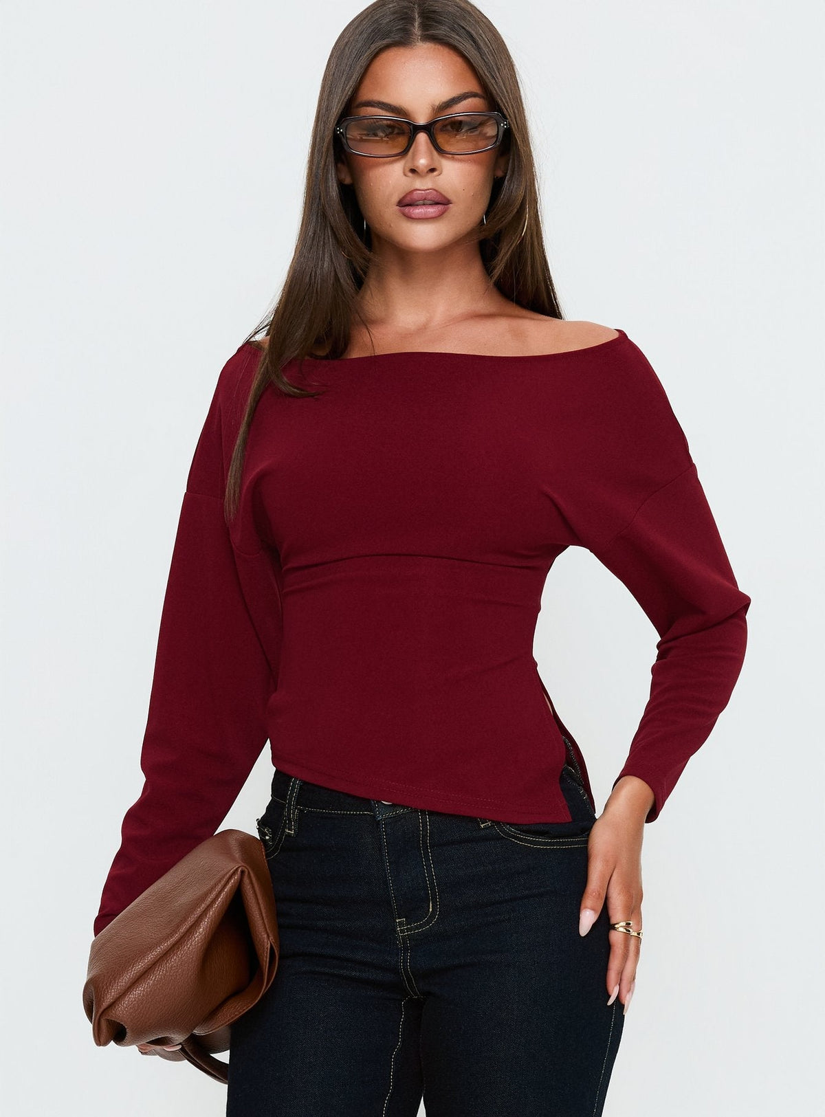 Cieara Off Shoulder Long Sleeve Top Burgundy