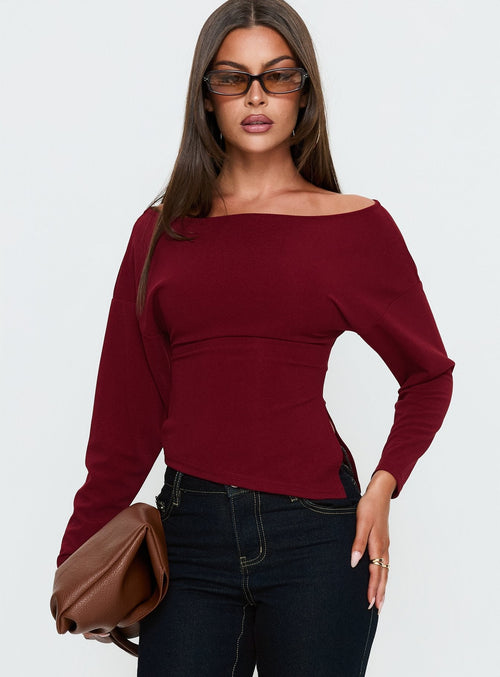 Cieara Off Shoulder Long Sleeve Top Burgundy