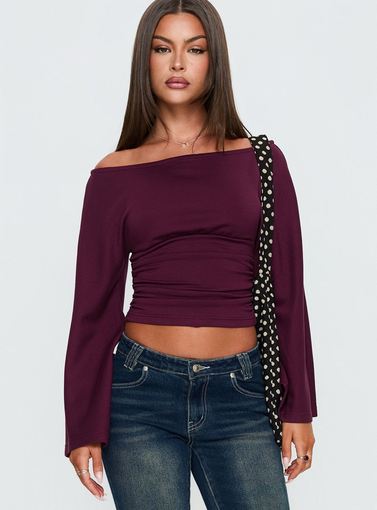 Anastasie Off Shoulder Long Sleeve Top Deep Red