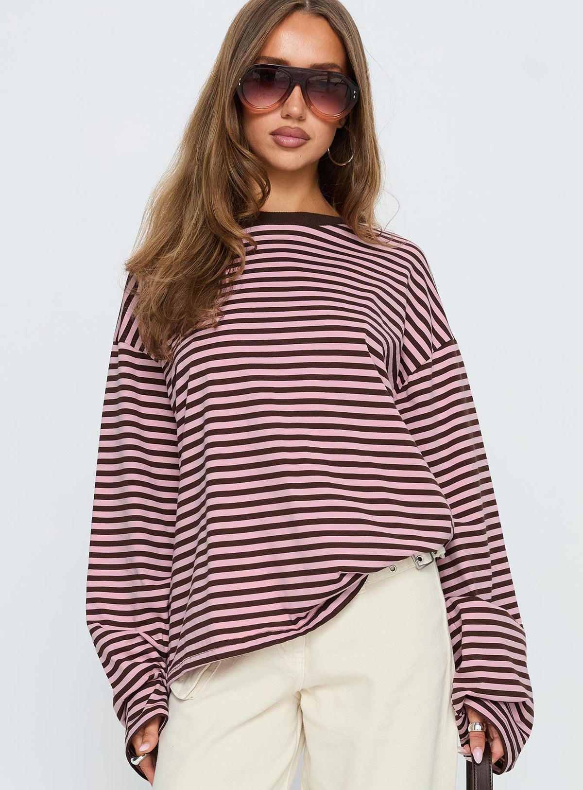 Settle Down Long Sleeve Top Pink / Brown Stripe