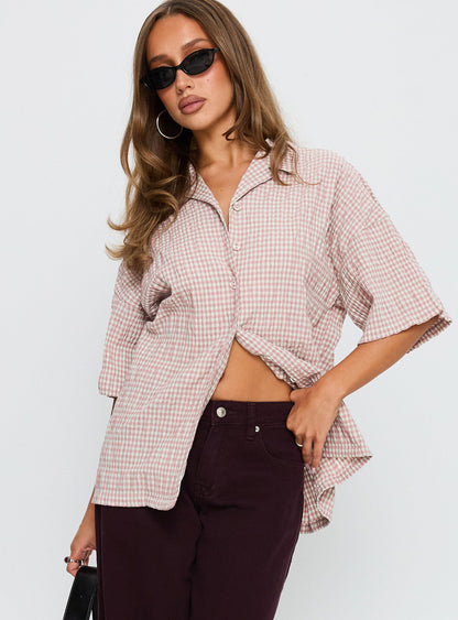 Soft Side Oversized Button Up Top Pink Check