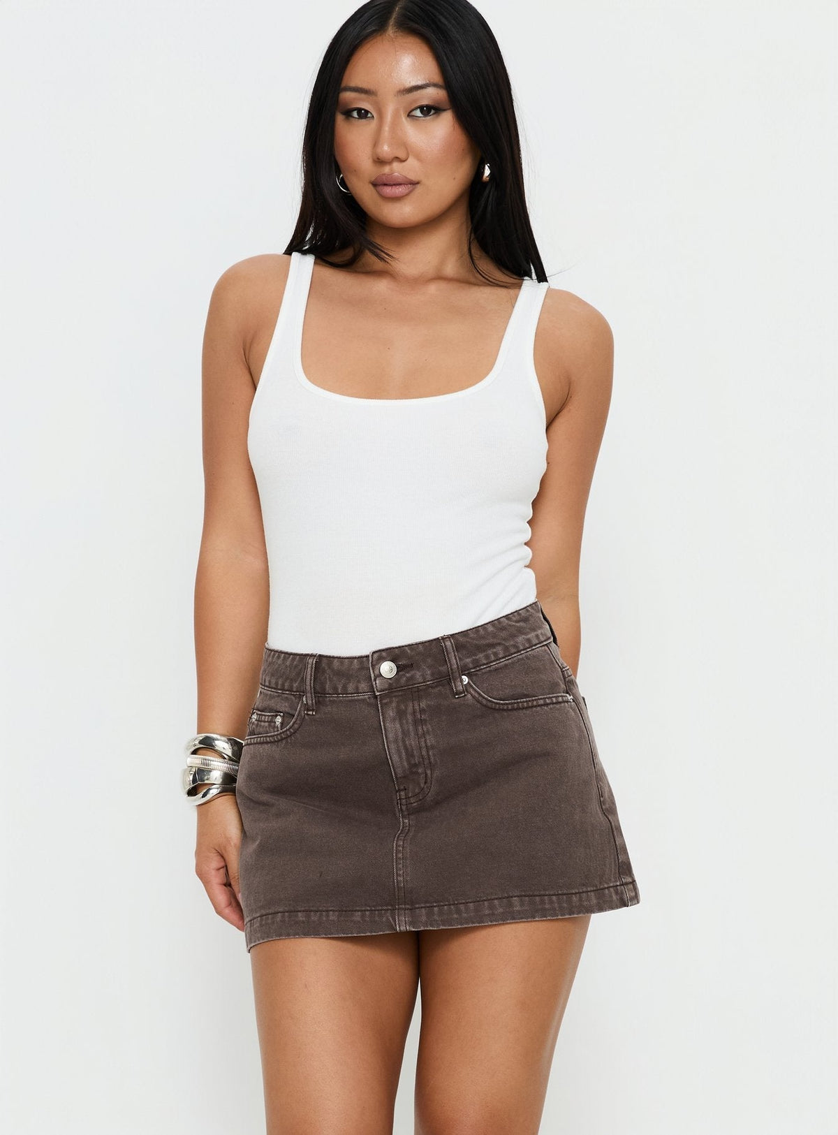 Nicolina Low Rise Denim Mini Skirt Washed Brown
