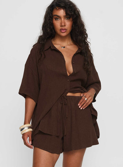Peni Drawstring Linen Shorts Chocolate