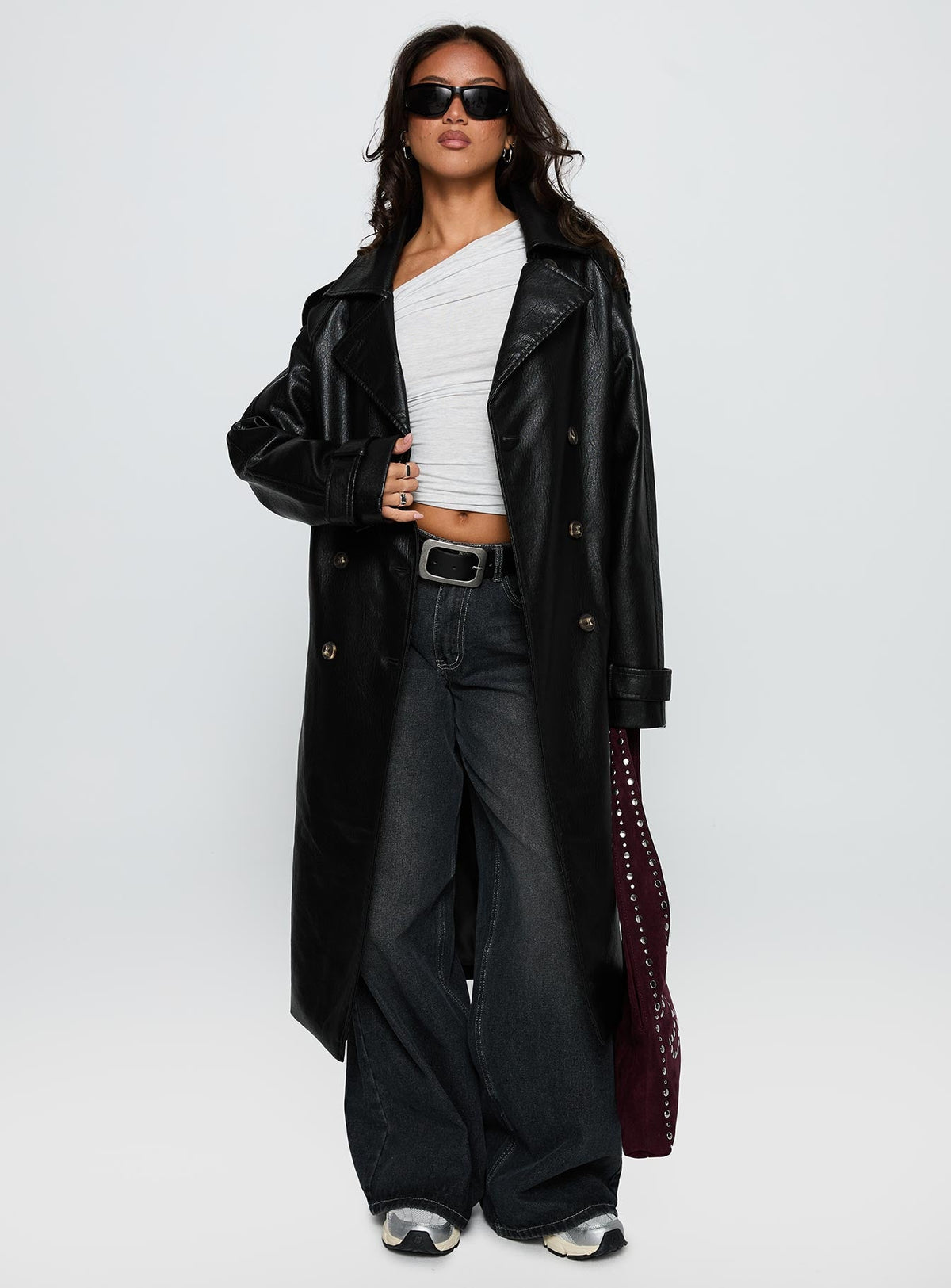 For The Fame Faux Leather Trench Coat Black