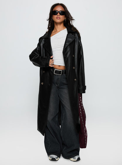 For The Fame Faux Leather Trench Coat Black
