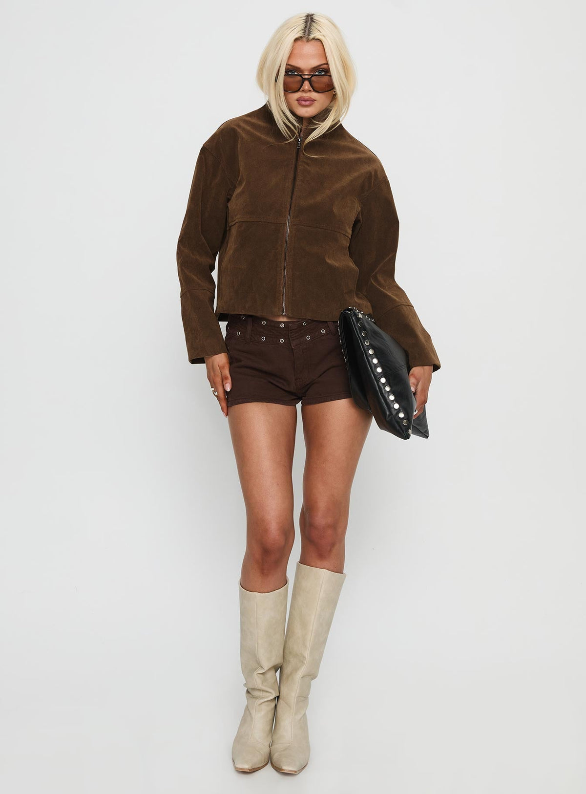 Jessalynn Faux Suede Zip Through Jacket Brown