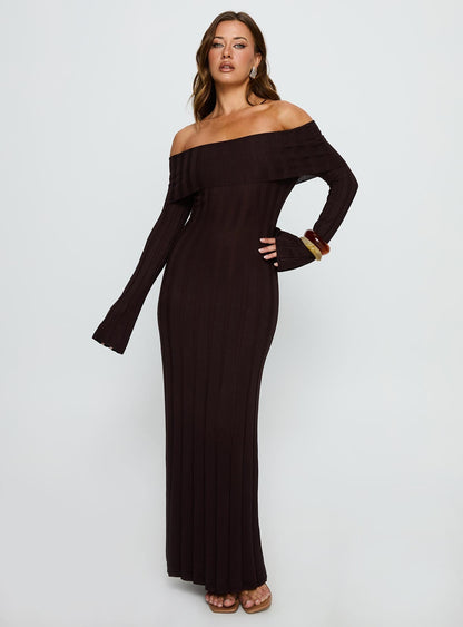 Ellouisa Long Sleeve Rib Maxi Dress Chocolate