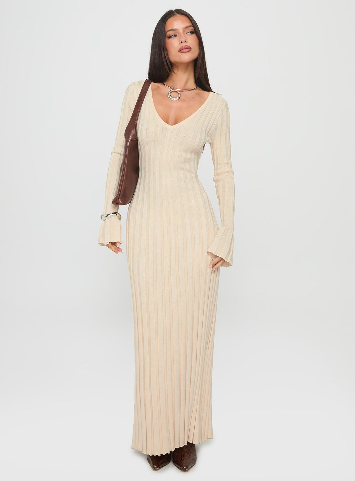 Gratuita Long Sleeve Rib Maxi Dress Cream