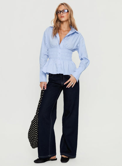 As You Are Shirred Button Up Top Soft Blue
